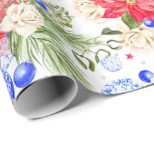 Roos met kerstinsettia en blauwe siervoorwerpen cadeaupapier (Rol Hoek)