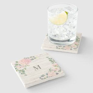 Roos met ruw hout Hydrangea & Eucalyptus Stenen Onderzetter