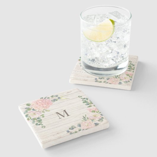 Roos met ruw hout Hydrangea & Eucalyptus Stenen Onderzetter (Zijkant)