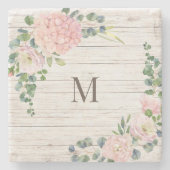 Roos met ruw hout Hydrangea & Eucalyptus Stenen Onderzetter (Voorkant)