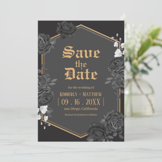 Roos met zwarte demper Save the Date bruiloft Kaart (Staand voorkant)