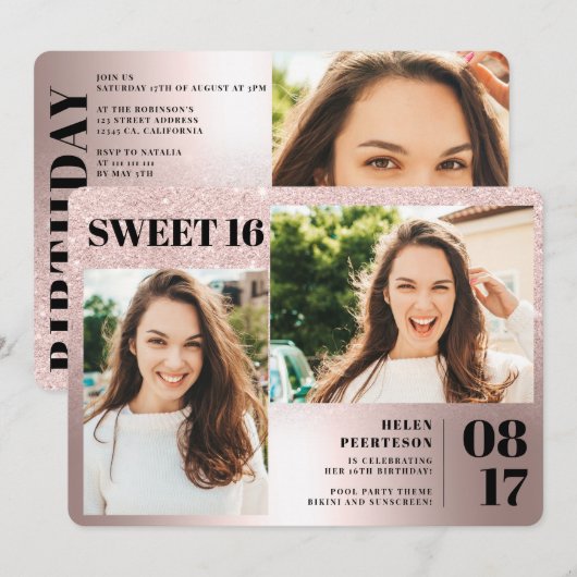 Roos metallic glitter 3 foto's Op 16-jarige leefti Kaart (Voorkant / Achterkant)