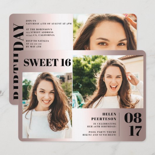 Roos metallisch vet 3 foto's Zoet 16 jaar Kaart (Voorkant / Achterkant)