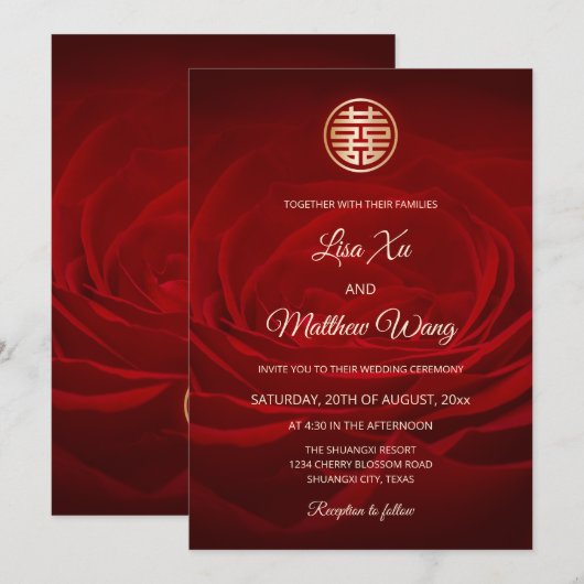 Roos Modern Rood Chinees Bruiloft Kaart (Voorkant / Achterkant)