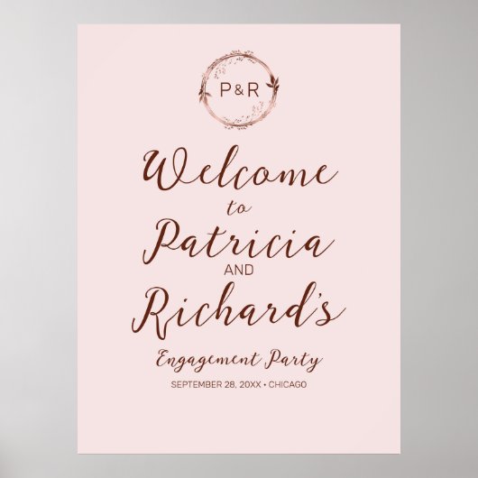Roos Monogram Verloving Feest Welkom Bord Poster (Voorkant)