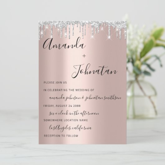 Roos monogram zwarte zilveren druppels kaart (Staand voorkant)