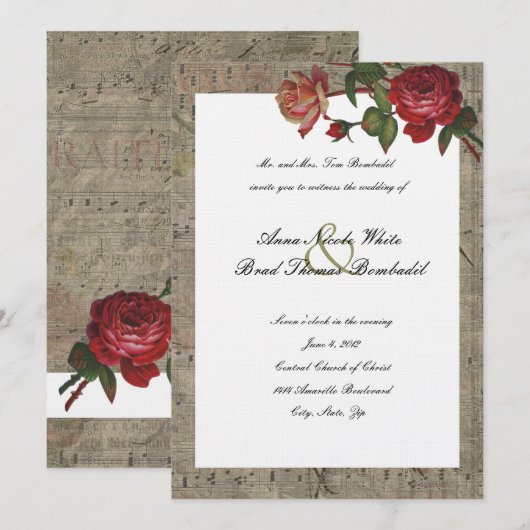 Roos Music Wedding Invitation Kaart (Voorkant / Achterkant)