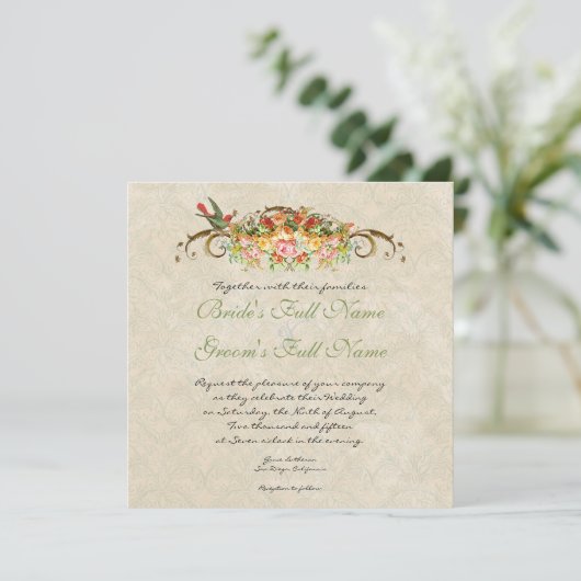 Roos n vogeltjes, bruiloft uitnodiging (Staand voorkant)