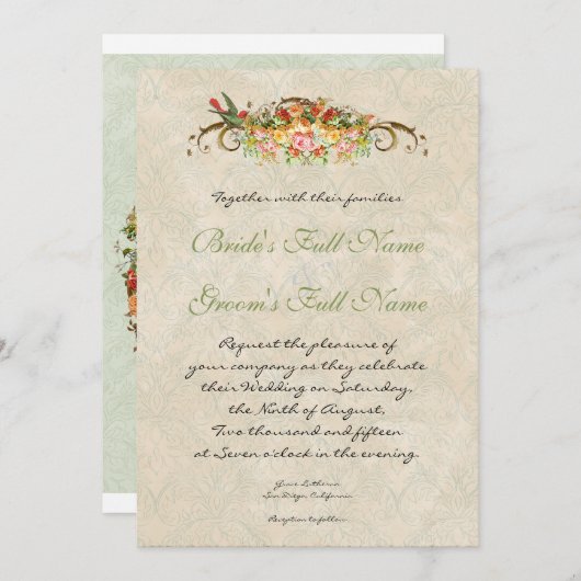 Roos n vogeltjes, bruiloft uitnodiging (Voorkant / Achterkant)