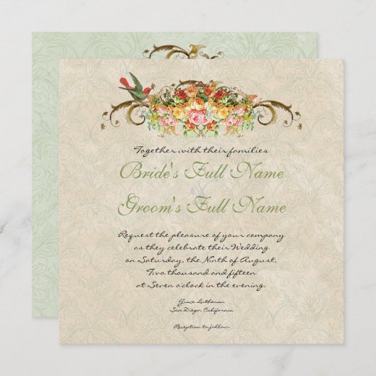 Roos n vogeltjes, bruiloft uitnodiging (Voorkant / Achterkant)