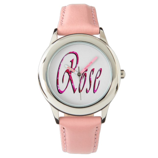 Roos, naam, Logo, Meisjes Roze Lederenhorloge. Horloge (Voorkant)