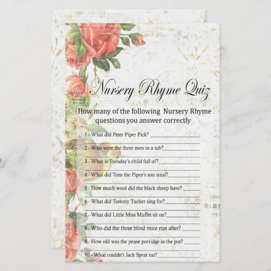 roos Nursery Rhyme Quiz baby shower game (Voorkant / Achterkant)