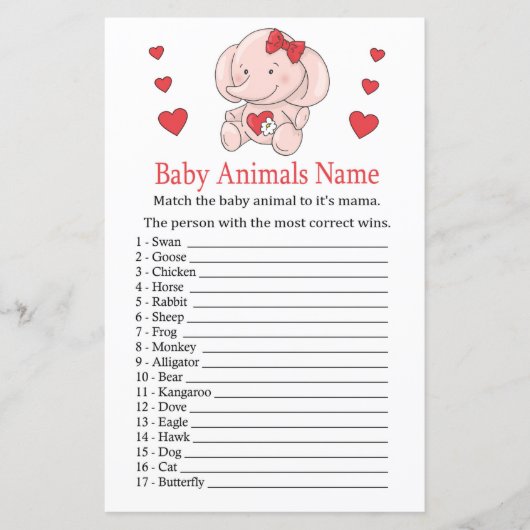 Roos olifant Baby Dieren Naam Game (Voorkant)