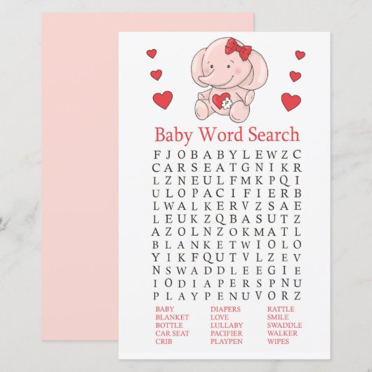 Roos olifant Baby shower Word Search Game (Voorkant / Achterkant)