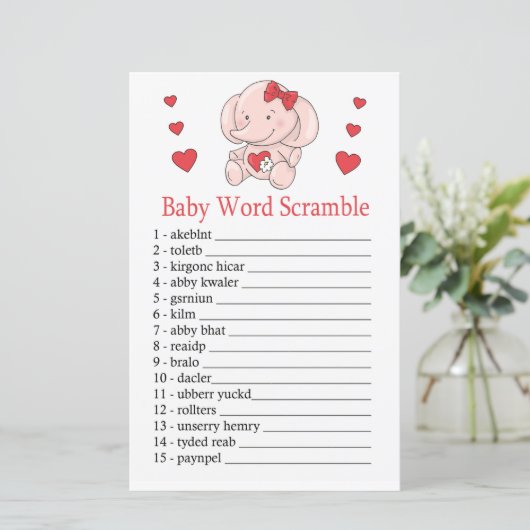 Roos olifant Baby word scramble game (Staand voorkant)