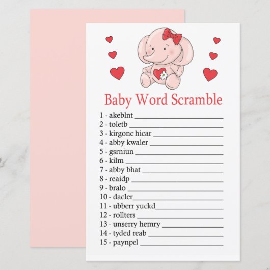 Roos olifant Baby word scramble game (Voorkant / Achterkant)