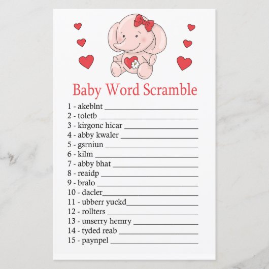 Roos olifant Baby word scramble game (Voorkant)
