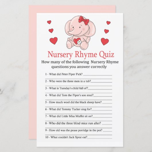 Roos olifant Nursery Rhyme Quiz baby shower game (Voorkant / Achterkant)