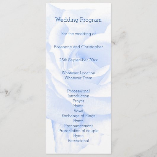 Roos ontwerp blauw gekleurde bruiloft programmakaart (Voorkant)