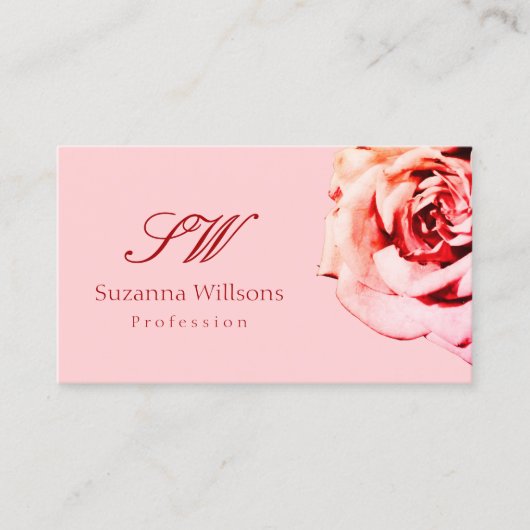  Roos op Plain Light Pink met Initialen Visitekaartje (Voorkant)