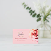  Roos op Plain Light Pink met Logo Foto Visitekaartje (Staand voorkant)
