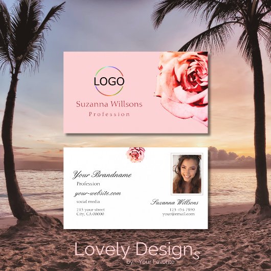  Roos op Plain Light Pink met Logo Foto Visitekaartje