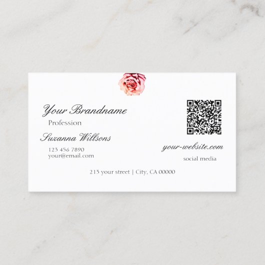  Roos op Plain Light Pink met Logo QR-code Visitekaartje (Achterkant)