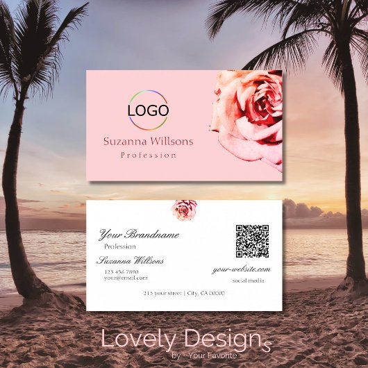 Roos op Plain Light Pink met Logo QR-code Visitekaartje