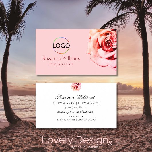  Roos op Plain Light Pink met Logo Simple Visitekaartje