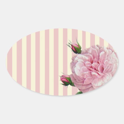 Roos op roze en witte strepen ovale sticker (Voorkant)