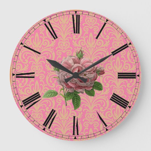  Roos op Roze Gold Damask Grote Klok (Voorkant)