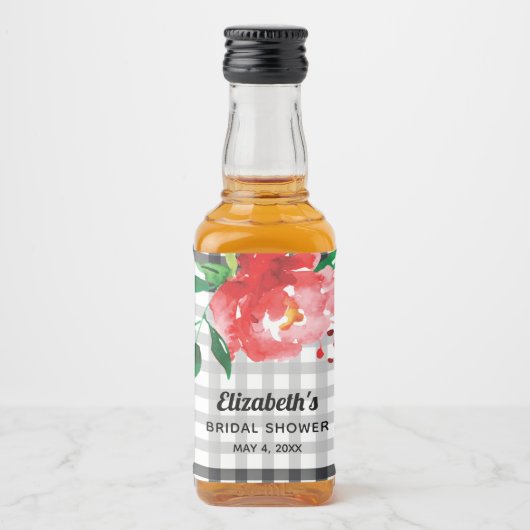 Roos op Zwarte Witte Bruiloftsdouche Mini Likeurfles Etiket (Voorkant)