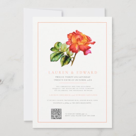 Roos oranje streep waterverf bruiloft QR code Kaart (Voorkant)
