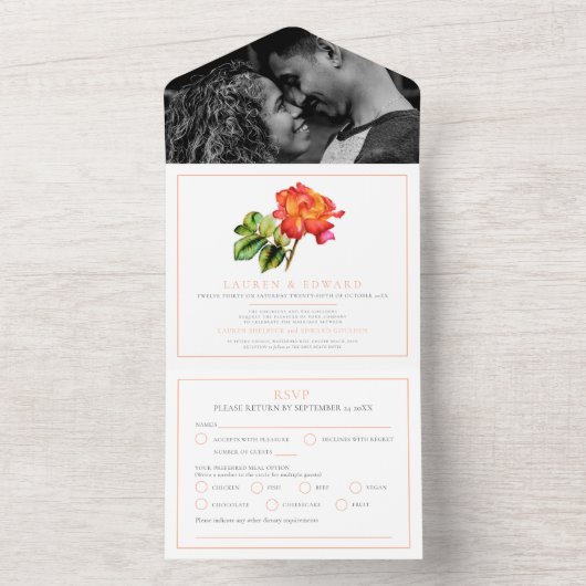 Roos oranje streep waterverf bruiloft RSVP-opties All In One Uitnodiging (Binnen)