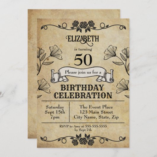  Roos Ornament Perkament 50e Verjaardag Kaart (Voorkant / Achterkant)