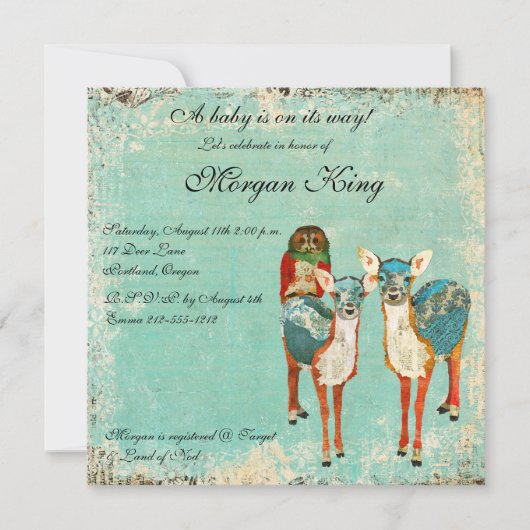 Roos Owl & Azure Deer Baby shower Invitation Kaart (Voorkant)