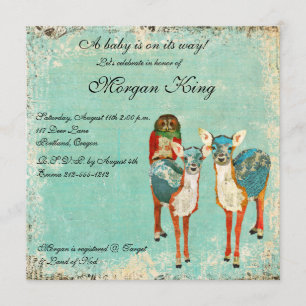 Roos Owl & Azure Deer Baby shower Invitation Kaart