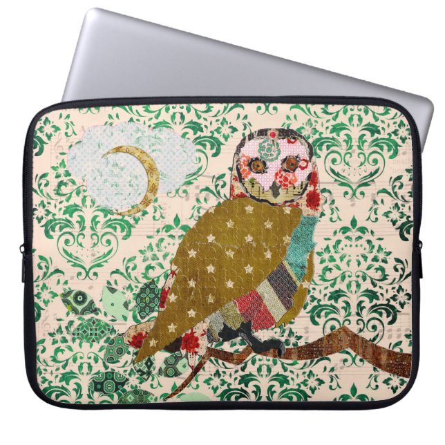 Roos Owl Green Damask Computer Sleeve (Voorkant)