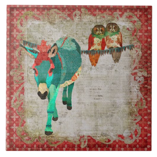 Roos Owls & Ruby Azure Donkey Tile Tegeltje (Voorkant)