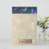 Roos Paarse Butterflies w/Name Briefpapier (Staand voorkant)