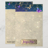 Roos Paarse Butterflies w/Name Briefpapier (Voorkant / Achterkant)