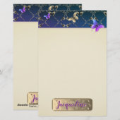 Roos Paarse Butterflies w/Name Briefpapier (Voorkant / Achterkant)