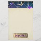 Roos Paarse Butterflies w/Name Briefpapier (Voorkant)