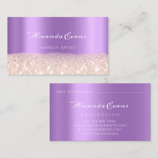 Roos Paarse Glitter Makeup Artist Event Planner Afsprakenkaartje (Voorkant / Achterkant)