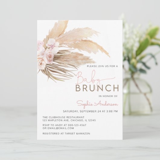 Roos Pampas Grass Boho Baby Brunch Baby shower Inv Kaart (Staand voorkant)