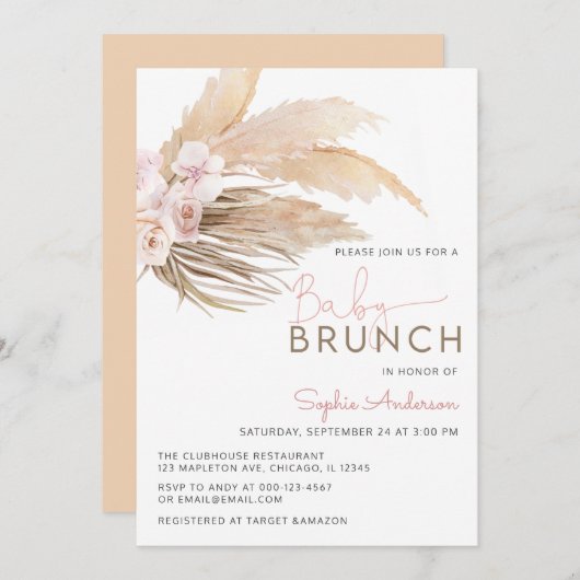 Roos Pampas Grass Boho Baby Brunch Baby shower Inv Kaart (Voorkant / Achterkant)