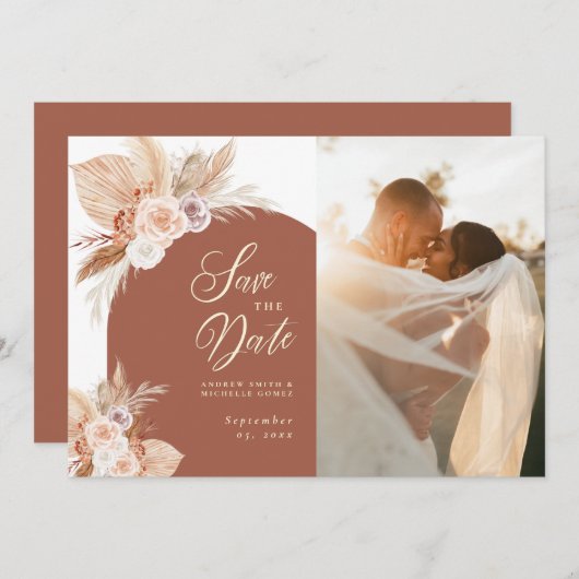 Roos Pampas Terracotta Arch Boho Foto Weddenschap Save The Date (Voorkant / Achterkant)