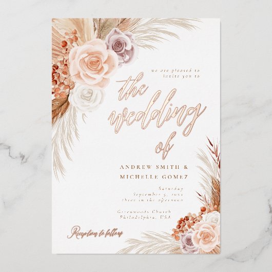 Roos Pampas Terracotta Boho Foto bruiloft Folie Uitnodiging (Voorkant)