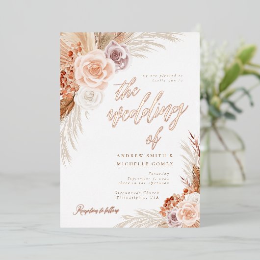 Roos Pampas Terracotta Boho Foto bruiloft Folie Uitnodiging (Staand Voorkant)