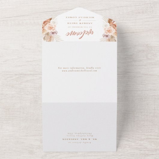 Roos Pampas Terracotta Boho Wedding All In One Uitnodiging (Buitenkant)